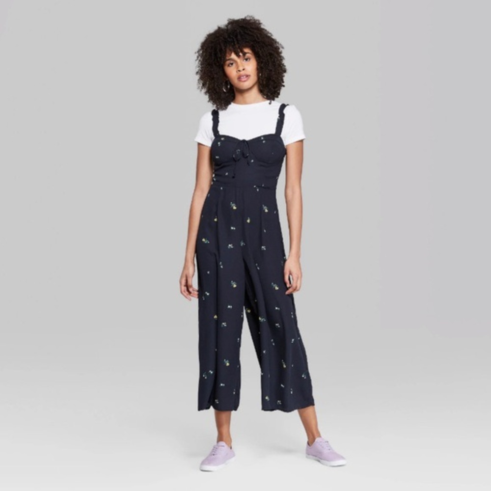Navy & Floral Print Ruffle Corset Top Jumpsuit; Size XS
